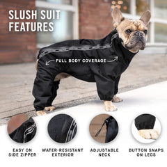 Canada Pooch dog slush suit back view black offers full-body coverage for rain.