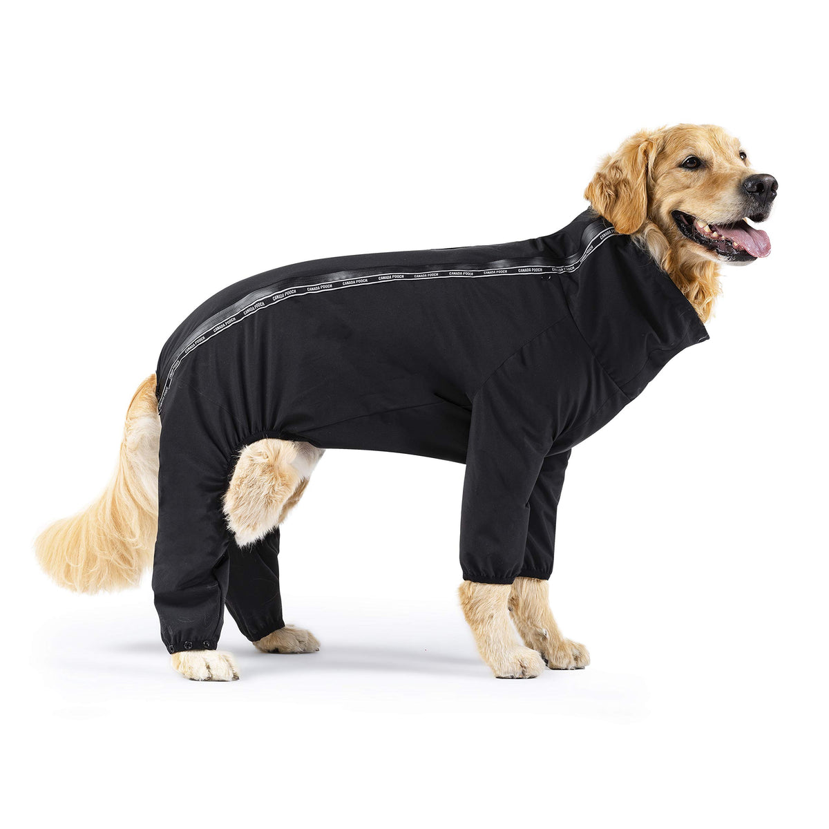 Canada Pooch dog slush suit front view black weather-ready protection.