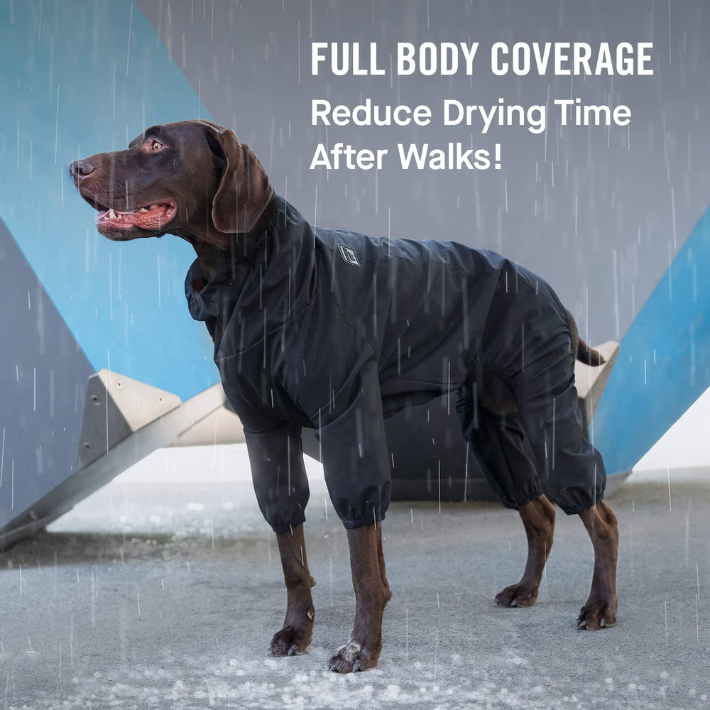 Canada Pooch dog slush suit on-dog snow black demonstrates protective wear for chilly days.