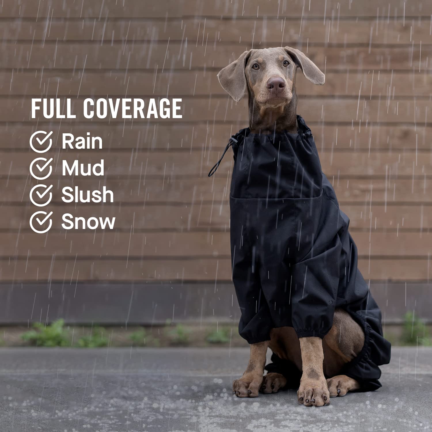Canada Pooch dog slush suit side view black enables easy on-off in damp weather.