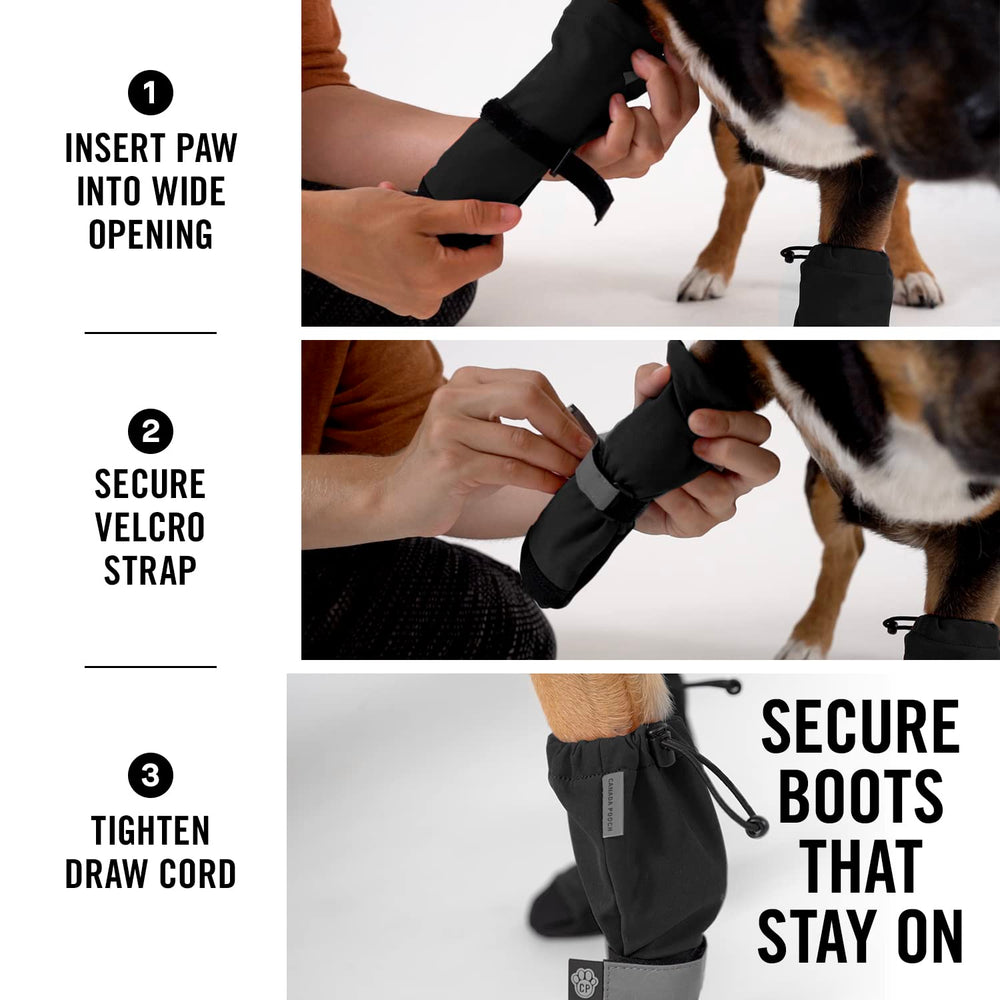 Canada Pooch dog winter boot reflective strap enhances visibility during evening strolls
