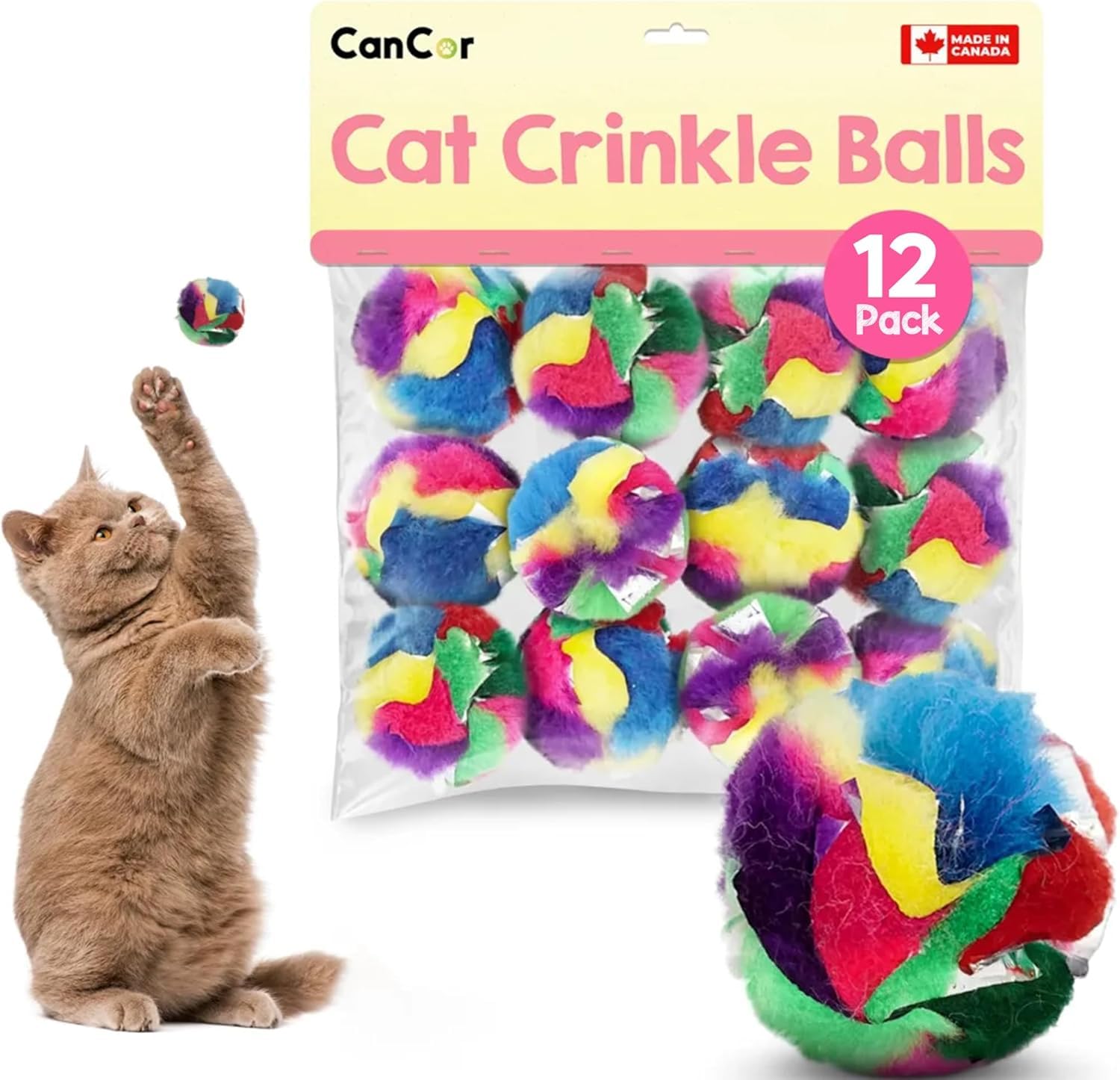 Cancor Innovations cat crinkle balls pack front—indoor play ready for enrichment.