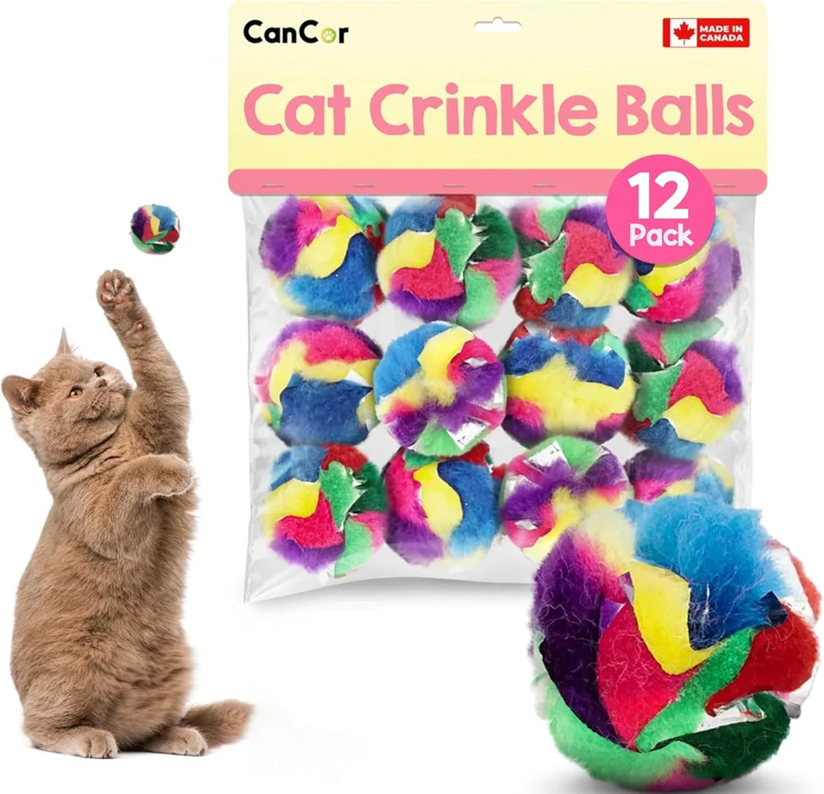 Cancor Innovations cat crinkle balls pack front—indoor play ready for enrichment.