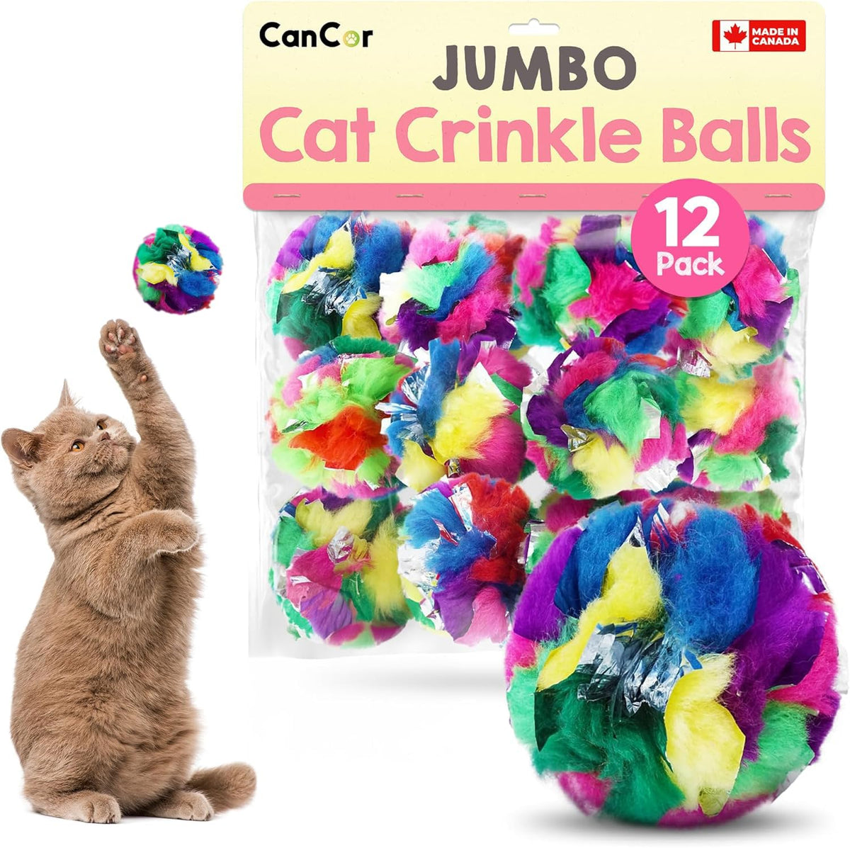 Cancor Innovations jumbo cat crinkle ball 3.5 inch for active indoor chase and fetch