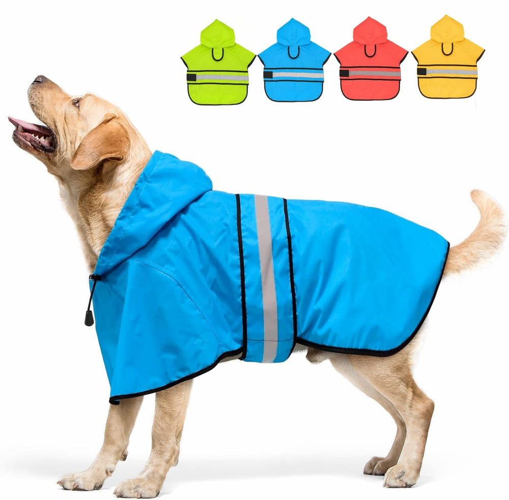 Candofly dog raincoat hooded poncho in sky blue keeps your dog dry on rainy walks.