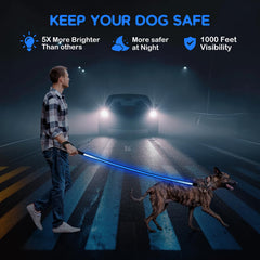 Candofly 4ft LED dog leash blue battery-pack closeup shows USB recharge and extended runtime.