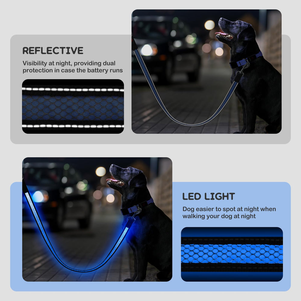 Candofly 4ft LED dog leash blue padded-comfort-grip conveys comfortable handling on long walks.