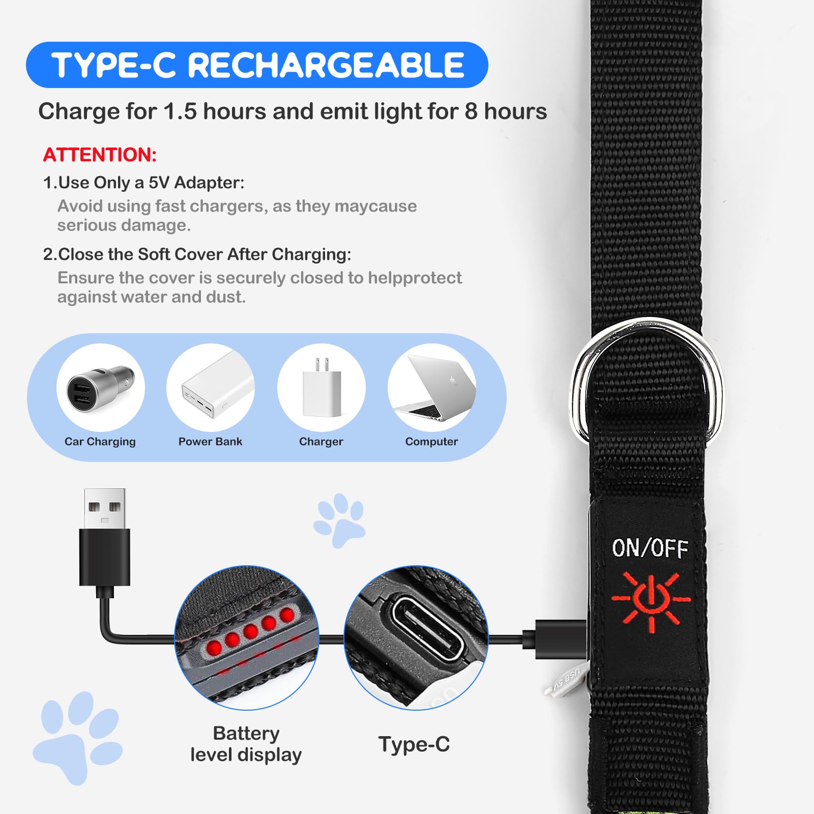 Candofly 4ft LED dog leash blue reflective-strip-detail emphasizes added safety in low light.