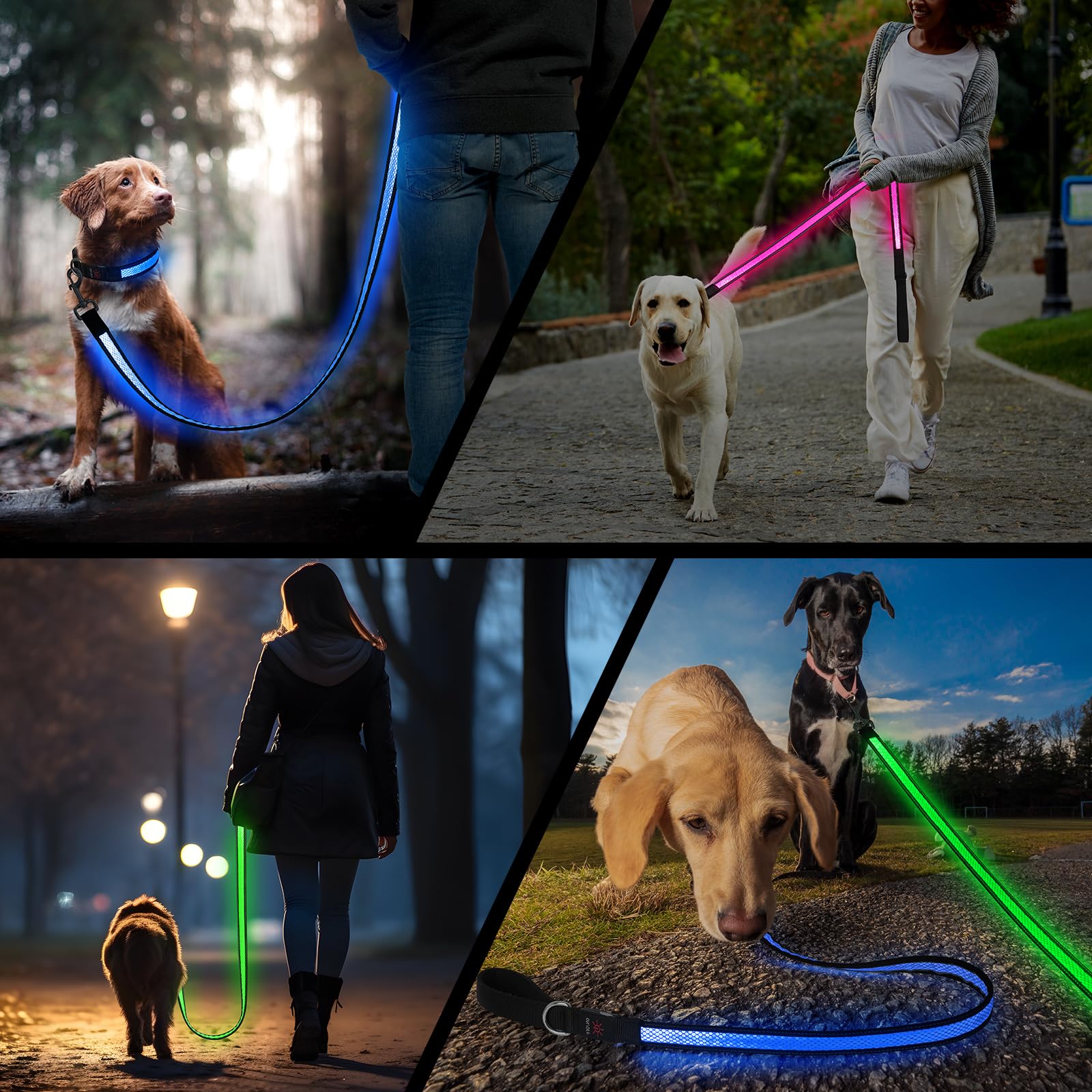 Candofly 4ft LED dog leash blue water-resistant-glow illustrates reliability in rain or mist.