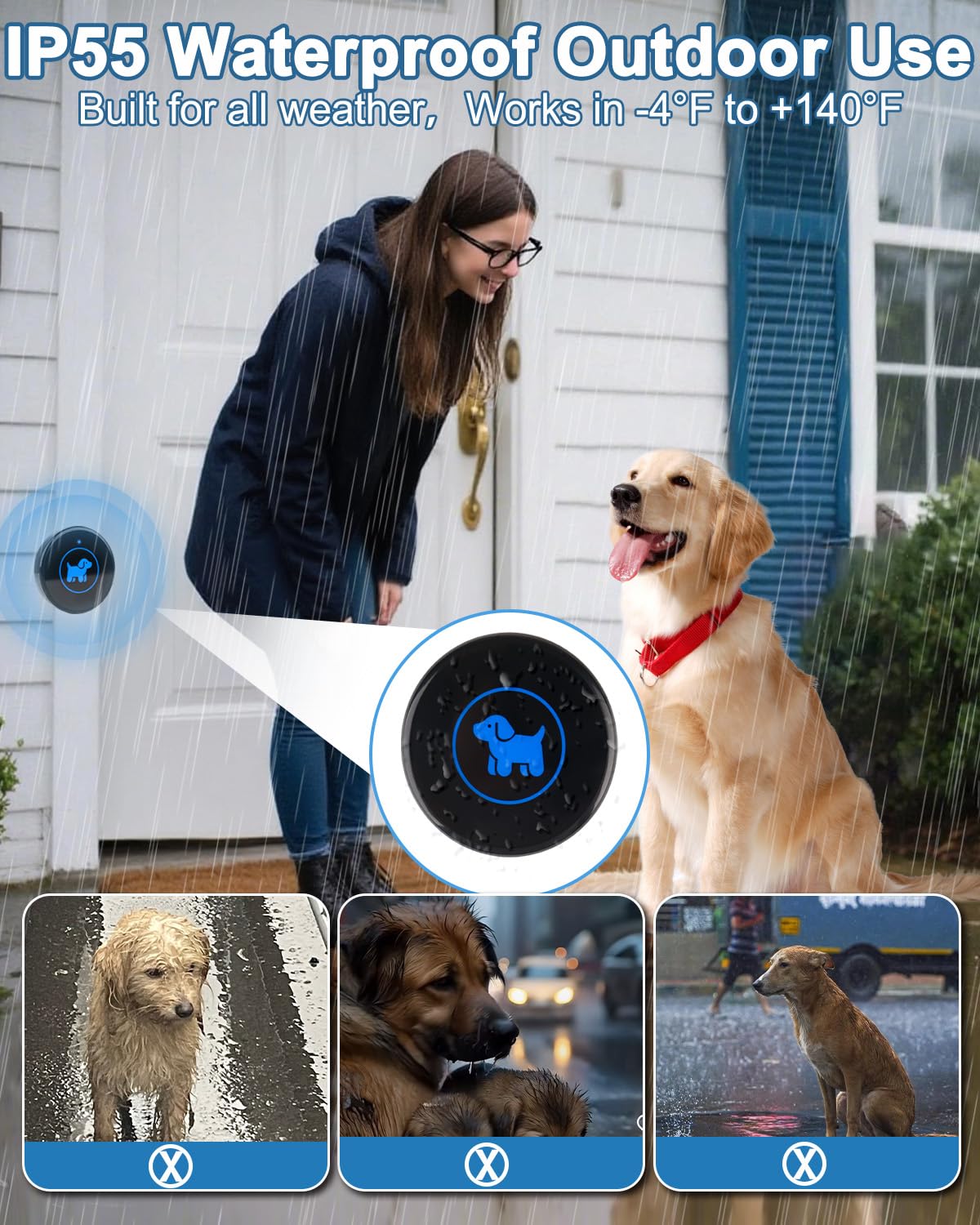 Cangecit dog door bell IP55 weatherproof withstands rain and snow.