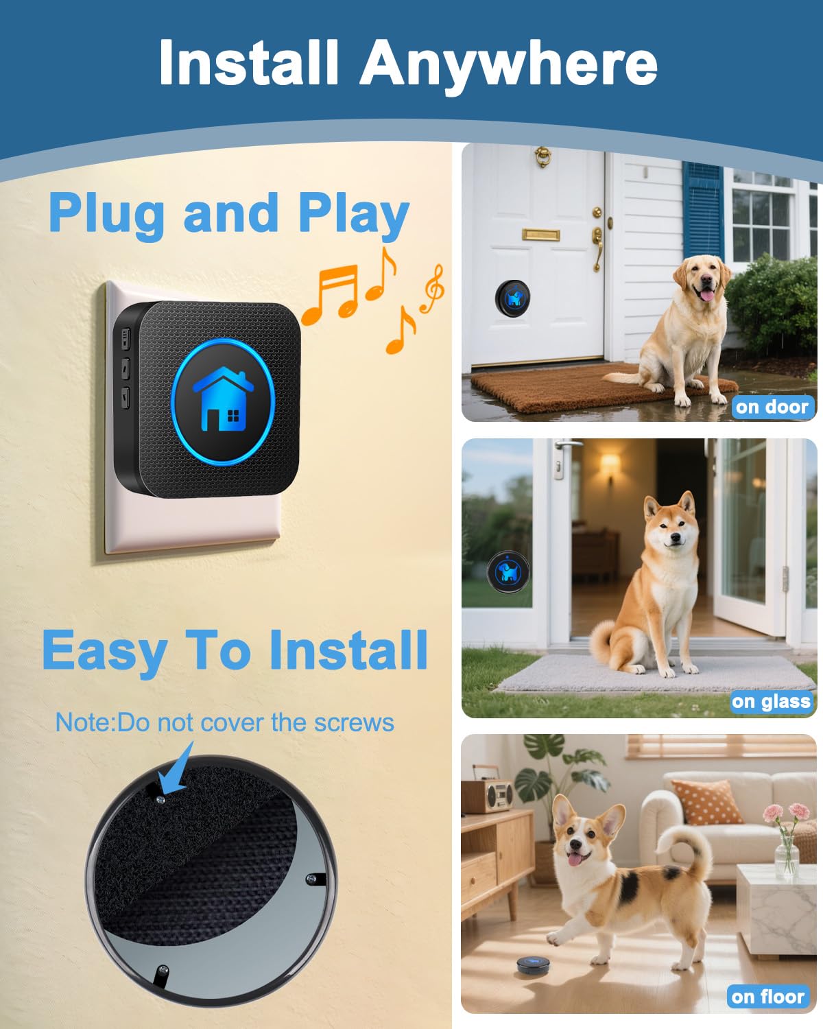 Cangecit dog door bell receiver plugged in ensures reliable alerts without batteries.