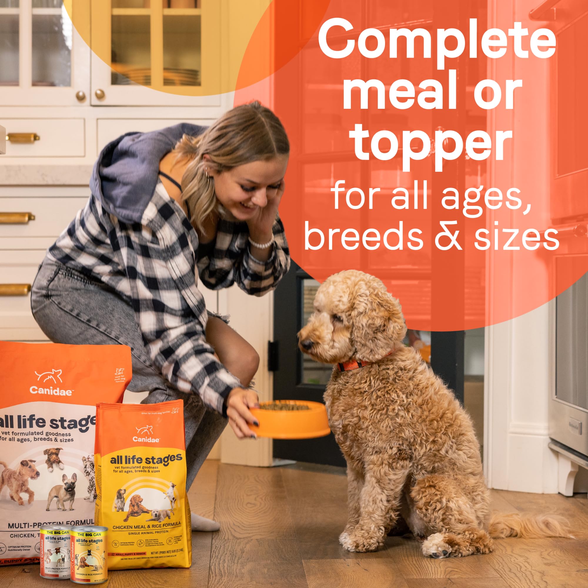 CANIDAE wet-dog-food can-and-bowl pairing suitable for dogs of all ages.