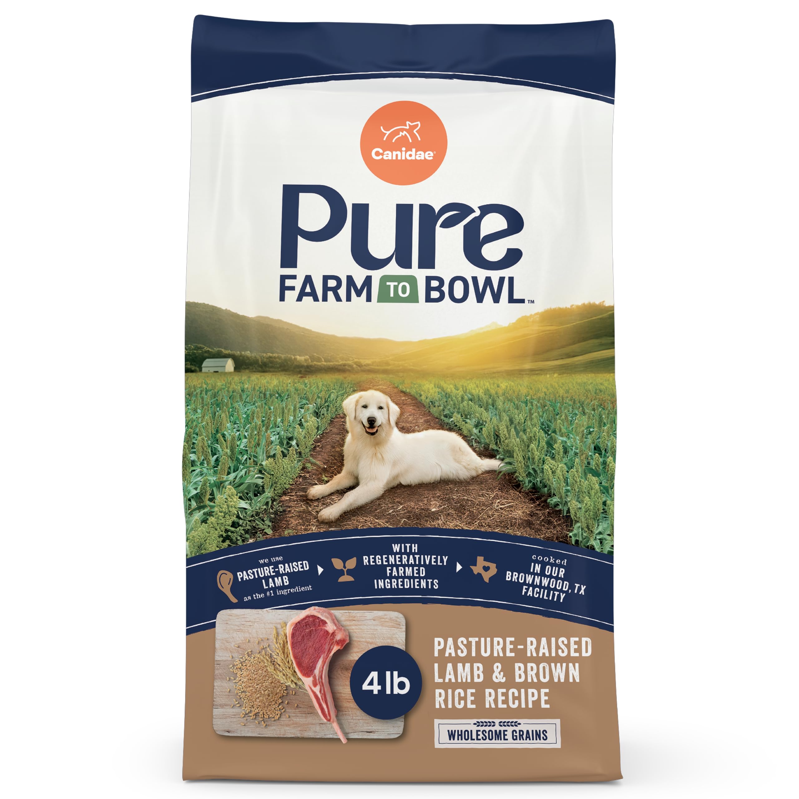 Canidae Pure Farm to Bowl lamb-brown-rice-dry-dog-food-bag shows a simple high-protein recipe.