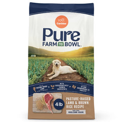 Canidae Pure Farm to Bowl lamb-brown-rice-dry-dog-food-bag shows a simple high-protein recipe.