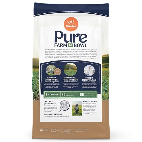 Canidae Pure Farm to Bowl lamb-brown-rice-kibble displays wholesome grains for steady energy.