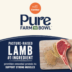 Canidae Pure Farm to Bowl-packaging-label highlights a 10-ingredient recipe with no artificial additives.