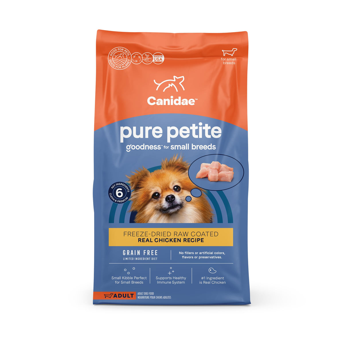 CANIDAE Pure Petite chicken-recipe bag shows small-breed formula with chicken first ingredient.