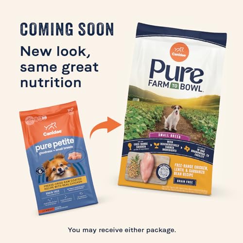 CANIDAE Pure Petite small-breed kibble closeup demonstrates tiny bites for delicate mouths.
