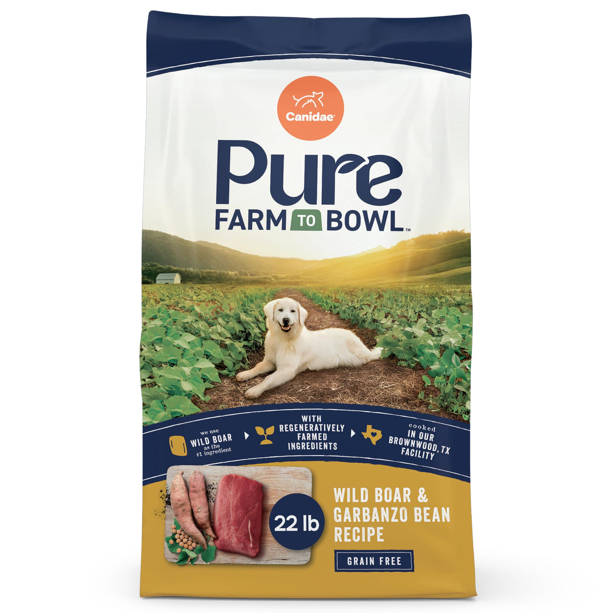 Canidae Pure Wild Boar bag front shows premium protein for lean muscle support