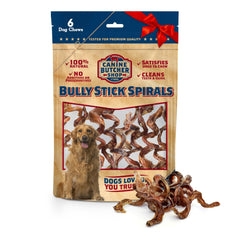 Canine Butcher Shop bully stick spiral pack6 assembly, durable all-natural chew for satisfying chewing urges.