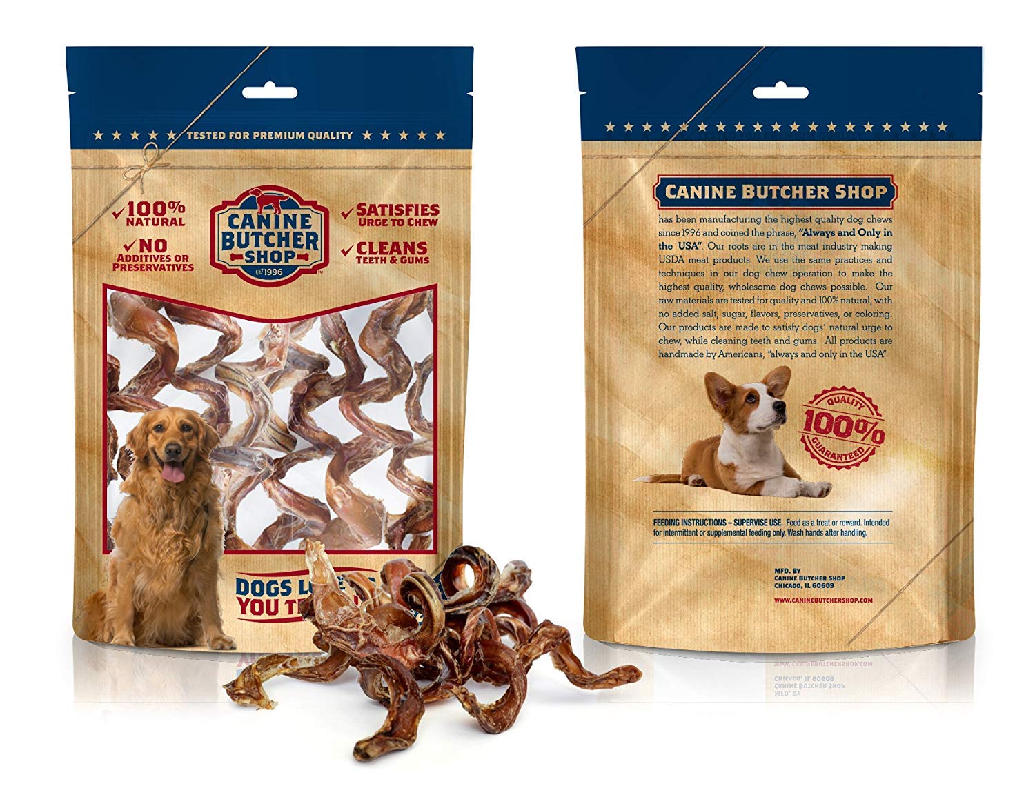 Canine Butcher Shop bully stick spiral pack6 closeup, showing texture and natural chew surface.