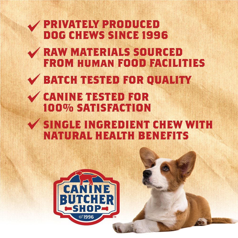 Canine Butcher Shop USA-made label image, emphasizing domestically produced, high-quality dog chews.