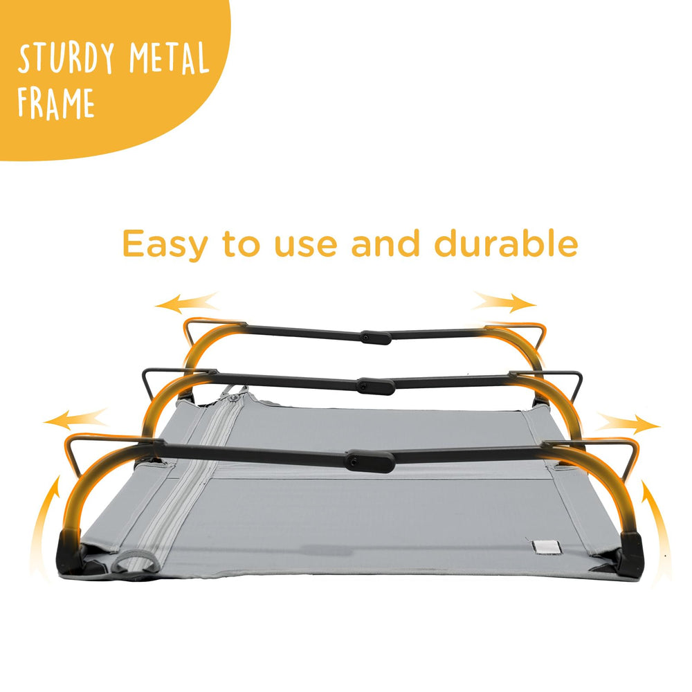 CANINE CANYON Daisy Cot supports up to 160 lbs for larger dogs.