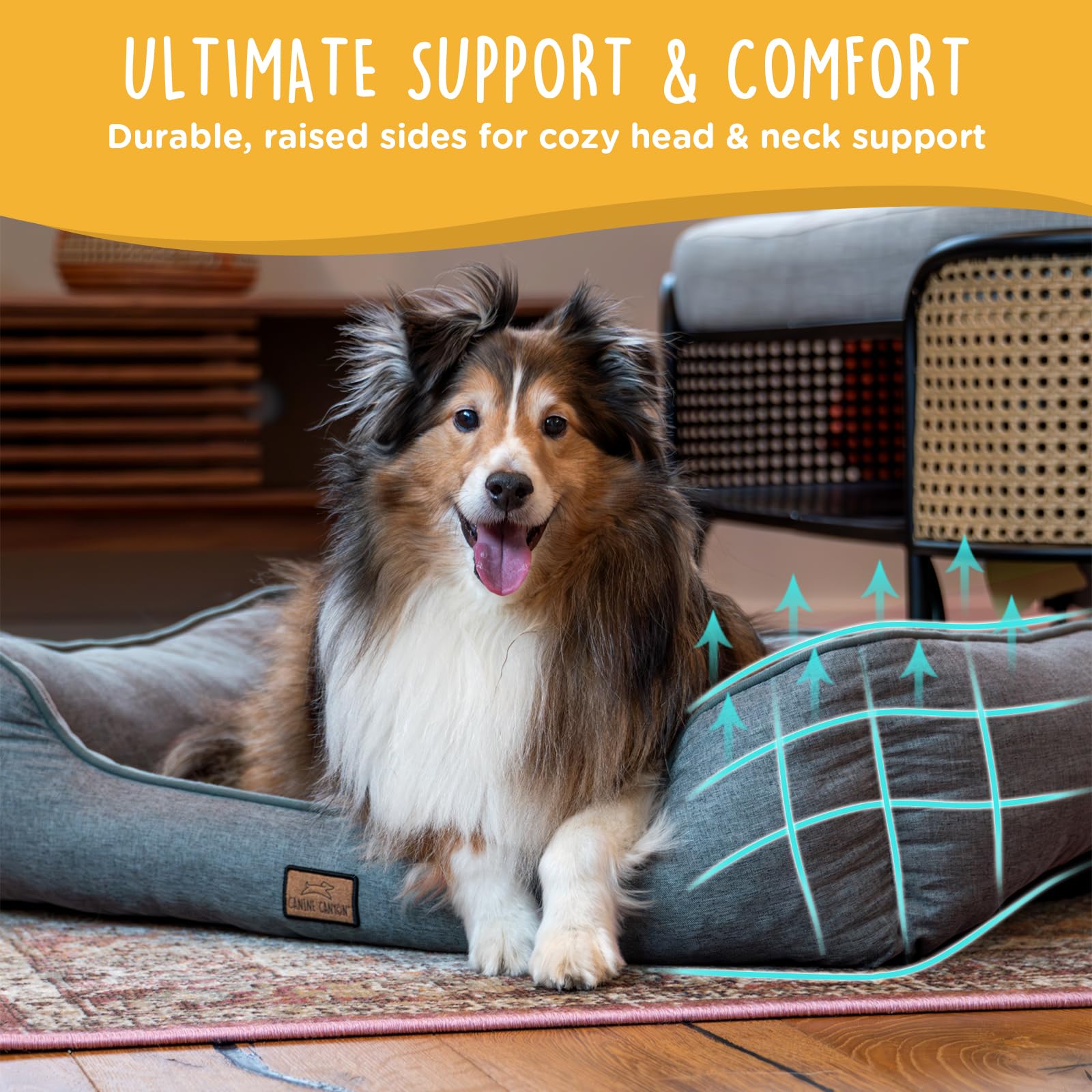 CANINE CANYON bed side view highlighting raised edge support