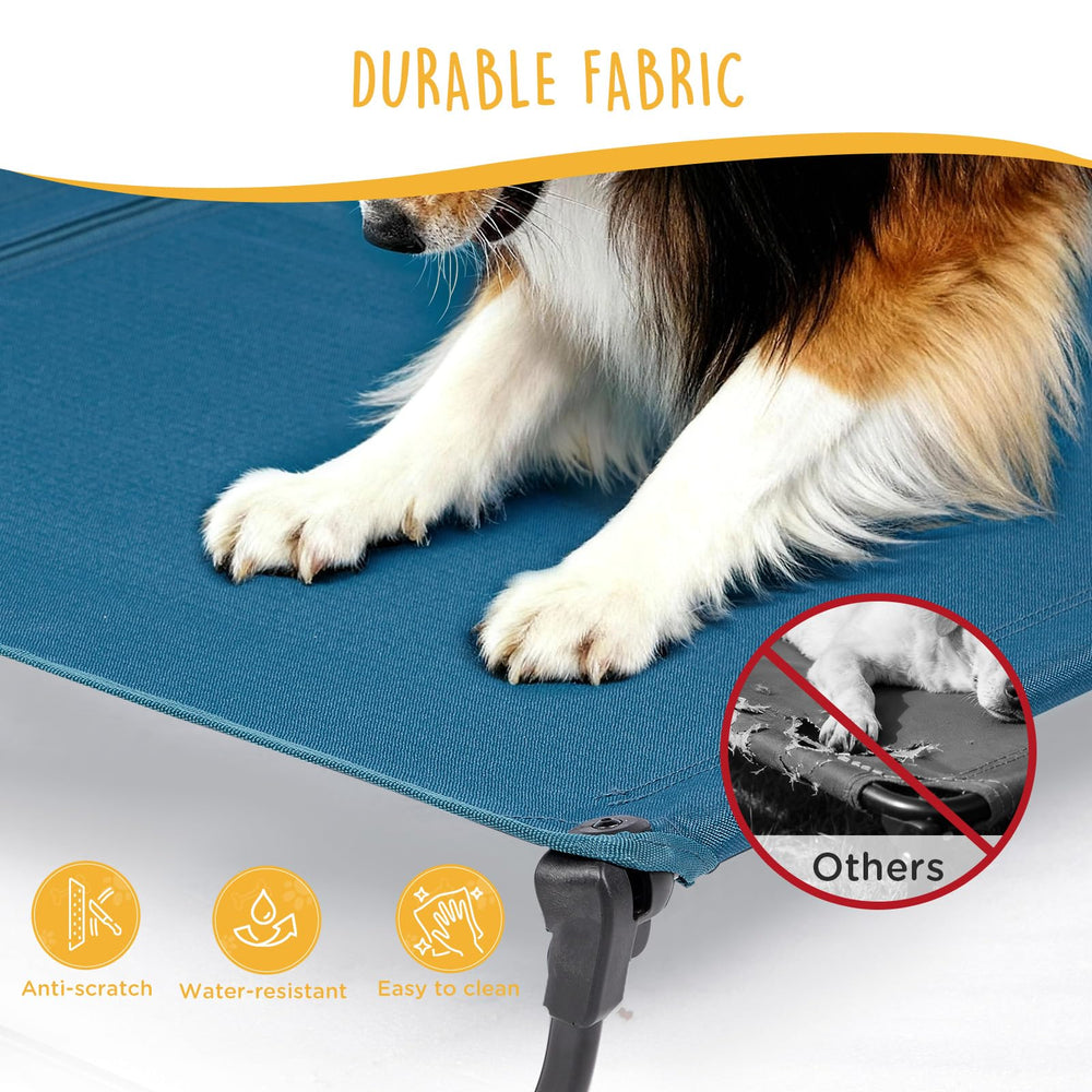 CANINE CANYON folding-raised-dog-bed dark-blue color blends with outdoor spaces.