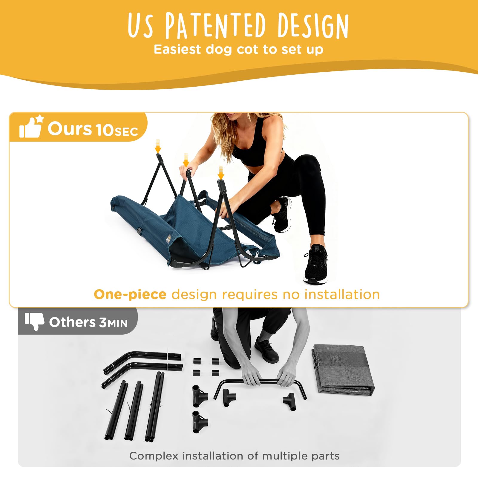 CANINE CANYON folding-raised-dog-bed six-triangle-supports stabilize heavier dogs.