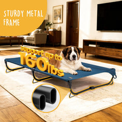 CANINE CANYON dog cot shows sturdy triangular supports for stability