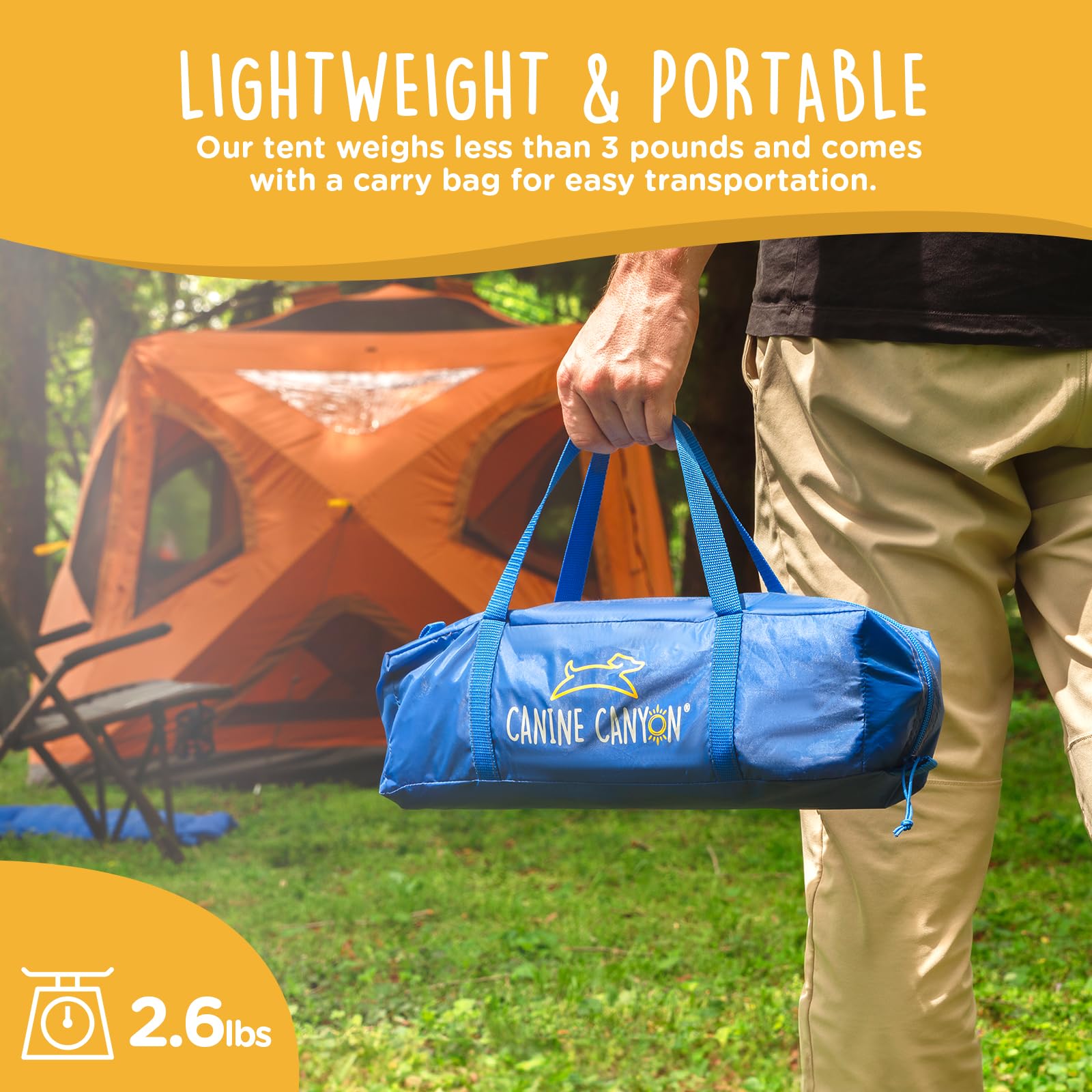 CANINE CANYON Luna tent folded bag illustrates compact, portable setup for camping or travel