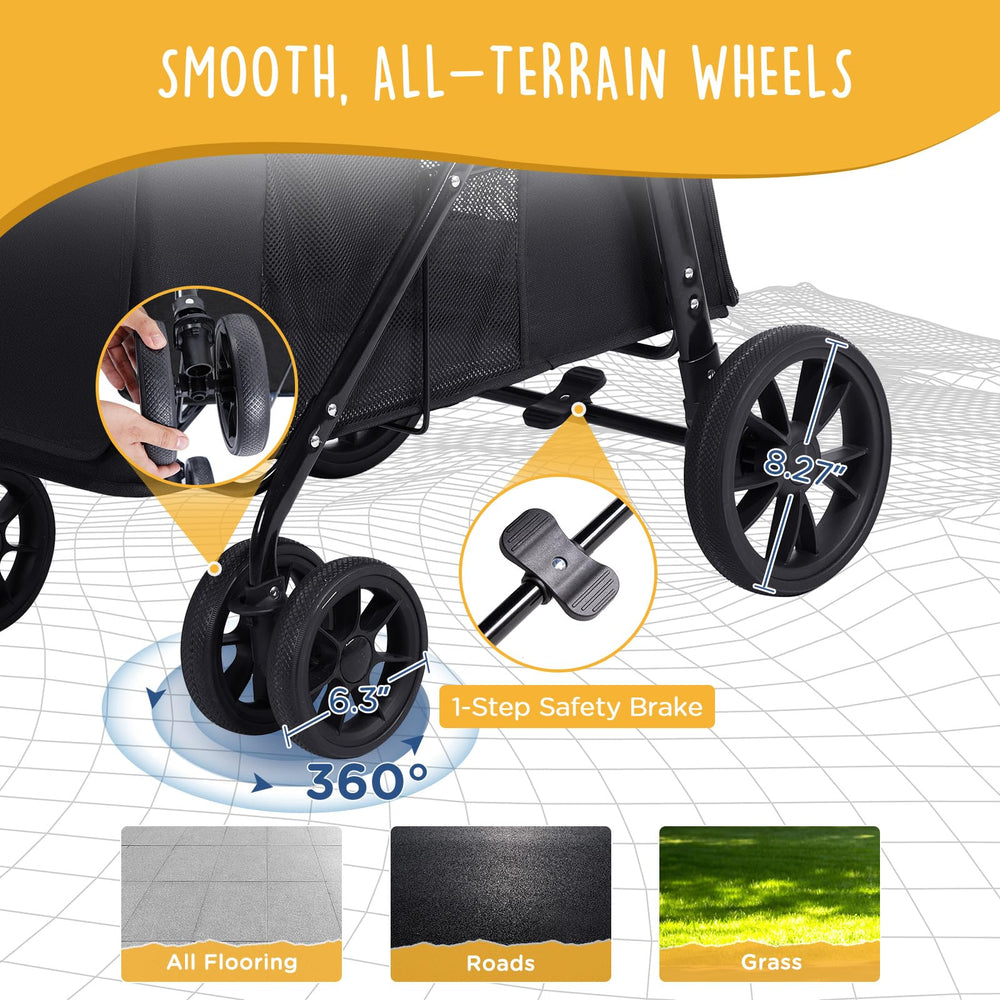 CANINE CANYON Scout stroller rear wheel brake provides controlled stopping on slopes
