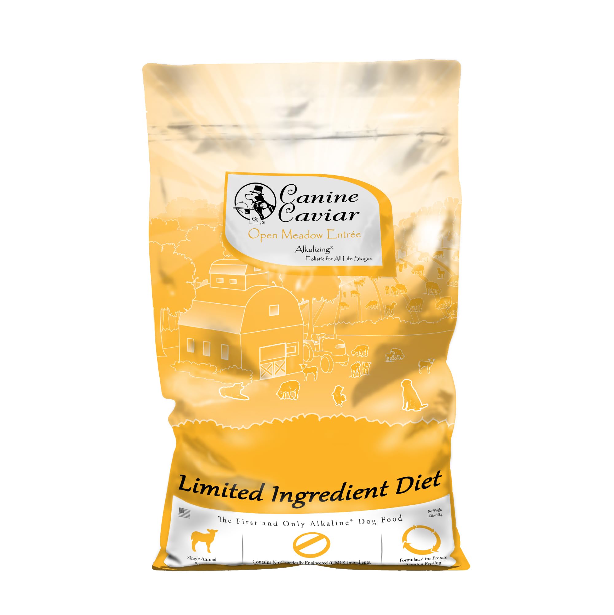 Canine Caviar Open Meadow lamb-bag shows limited-ingredient formula for sensitive stomachs.