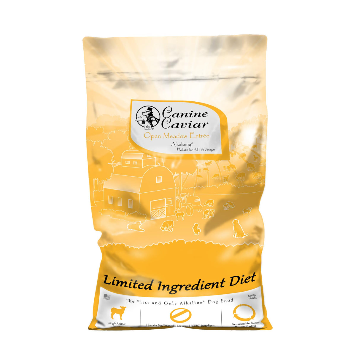 Canine Caviar Open Meadow lamb-bag shows limited-ingredient formula for sensitive stomachs.