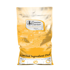 Canine Caviar Open Meadow lamb-bag shows limited-ingredient formula for sensitive stomachs.
