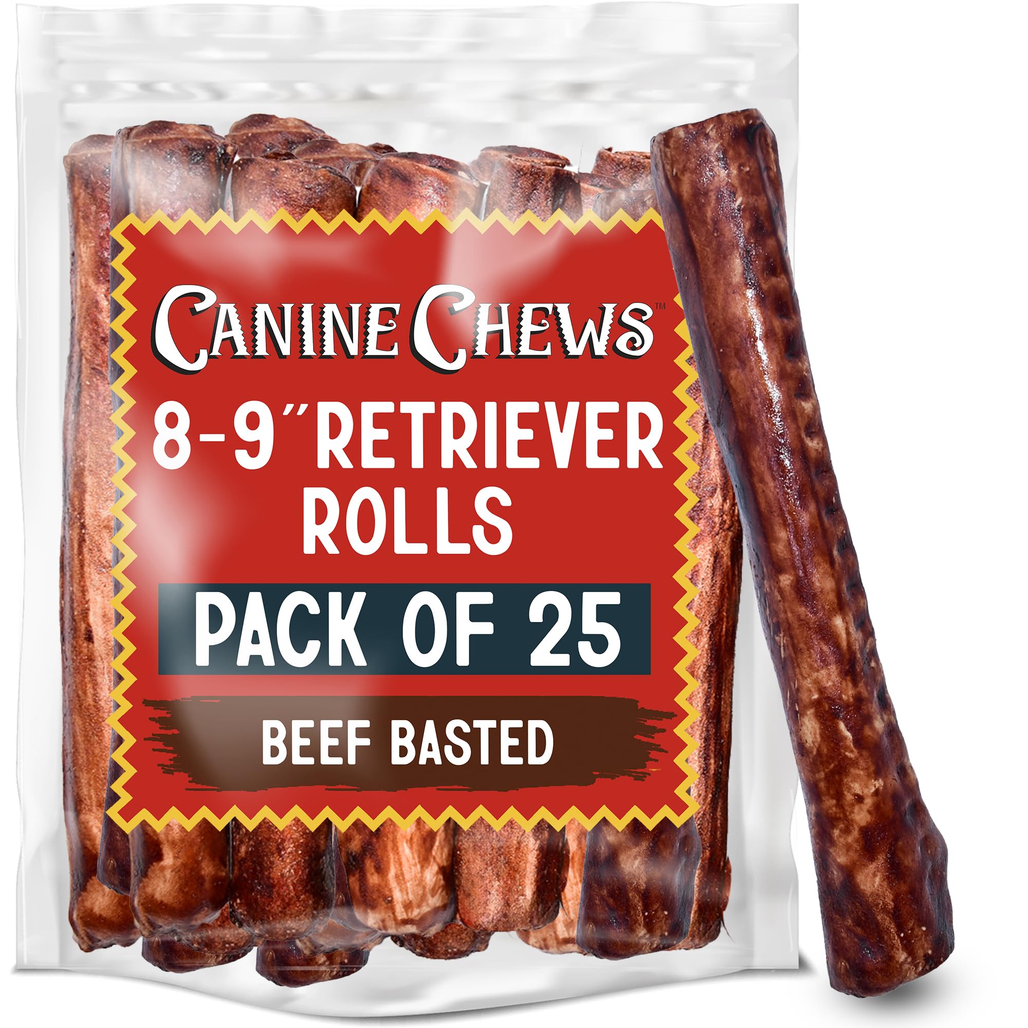 Canine Chews beef-basted rawhide rolls for large dogs provide long-lasting chew.