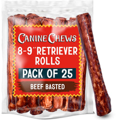 Canine Chews beef-basted rawhide rolls for large dogs provide long-lasting chew.
