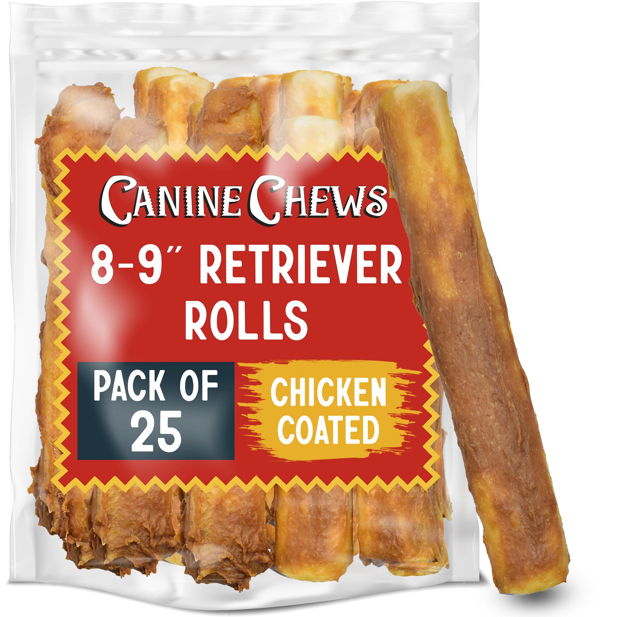 Canine Chews packshot of chicken-coated rawhide rolls, a long-lasting chew for large dogs.