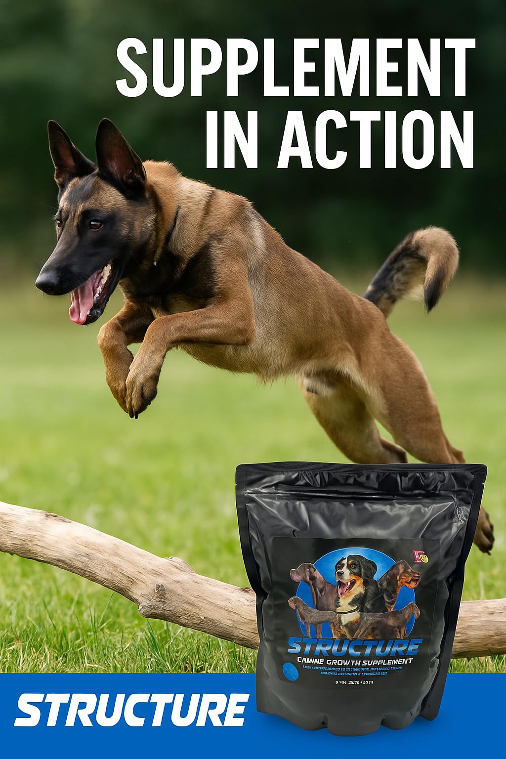 Canine Performance Nutrition Structure egg-yolk protein visuals highlight human-grade protein for strong puppy growth
