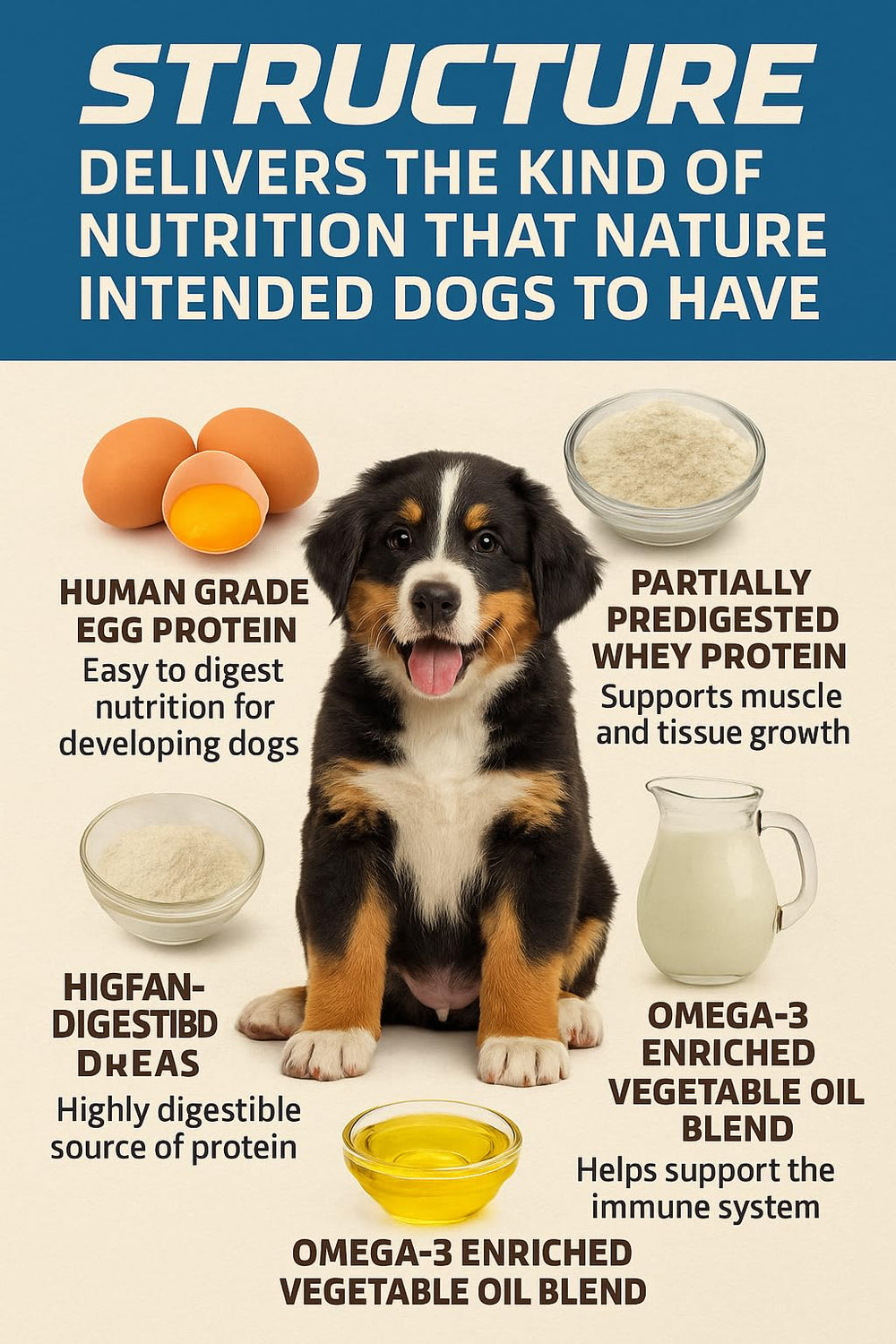Canine Performance Nutrition Structure whey protein concentrate visuals show complete protein support for energy