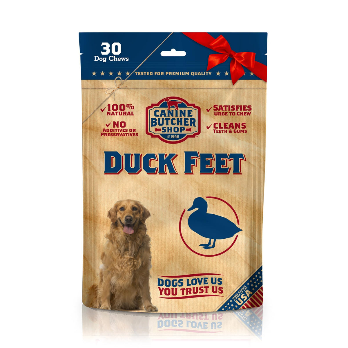 Canine Butcher Shop duck feet pack-30 show a natural, long-lasting chew for dogs.