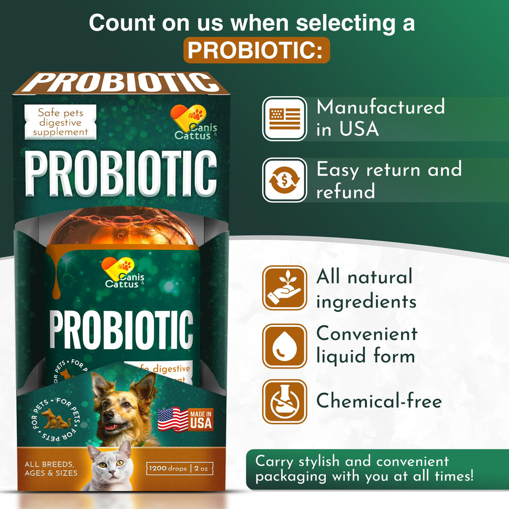 Canis&Cattus USA-made ingredients highlight non-GMO, soy-free, dairy-free probiotic formula.