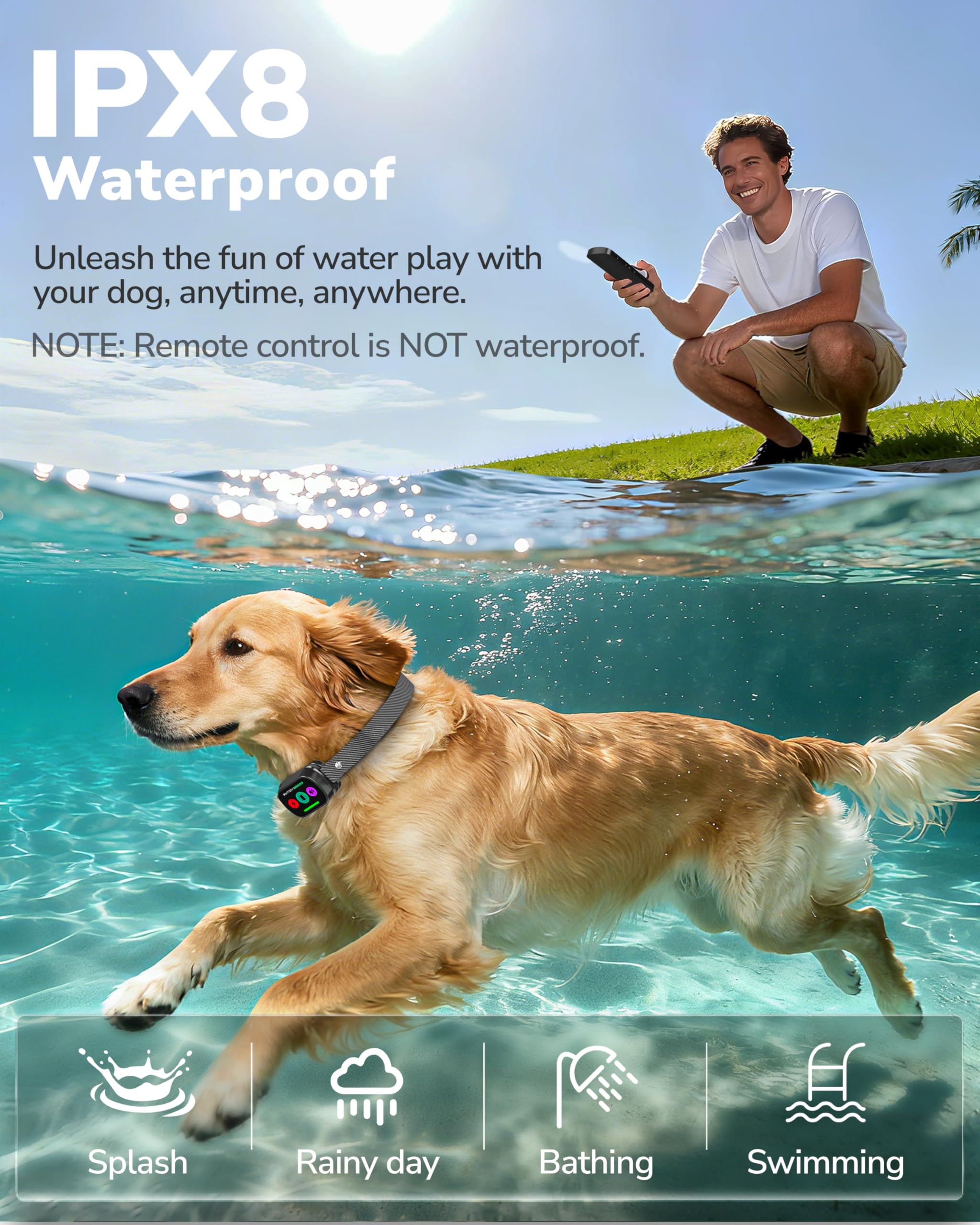 Canivix dog collar IPX8 waterproof design for swimming and rain.