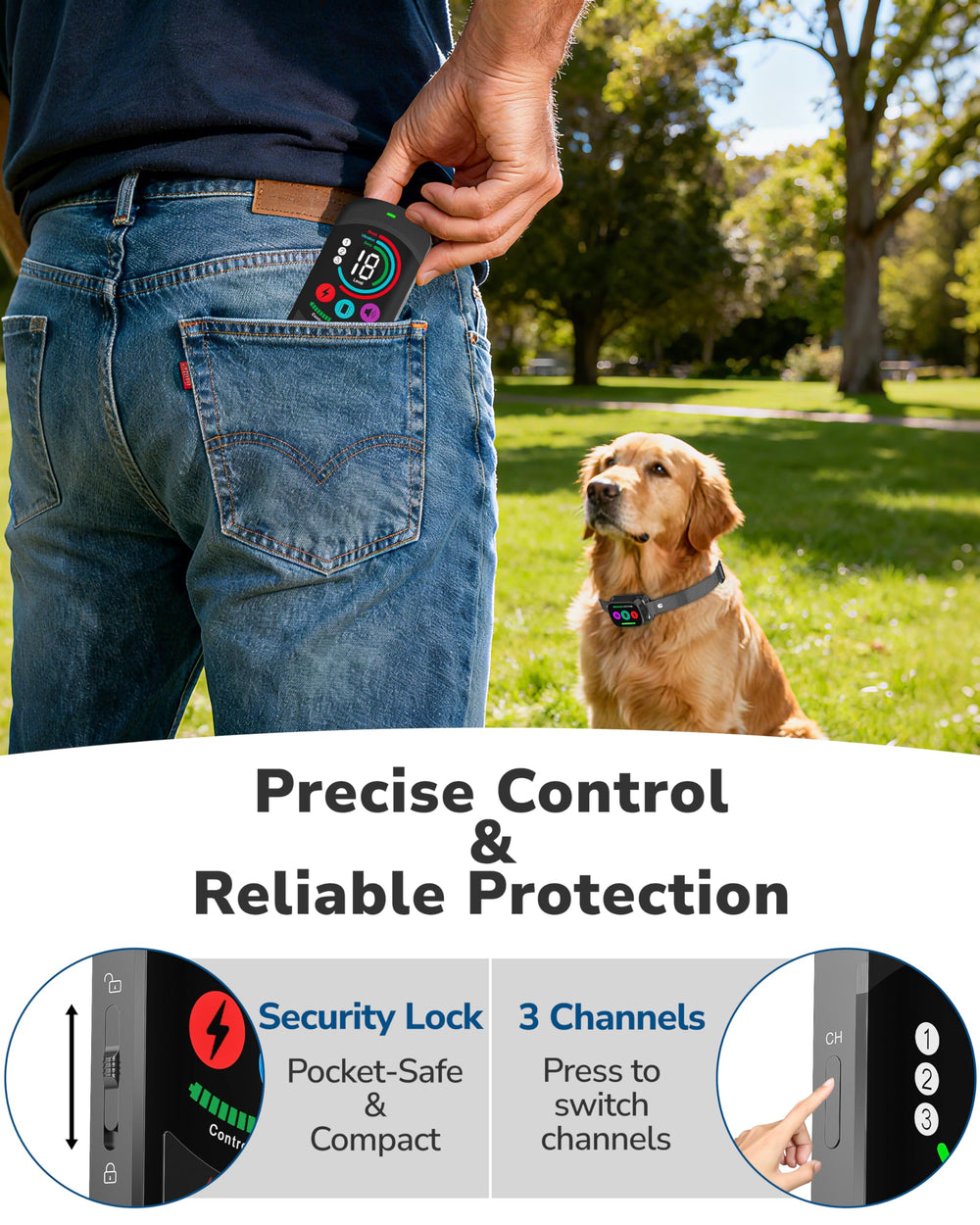 Canivix dog collar safety lock prevents accidental activations during outings.