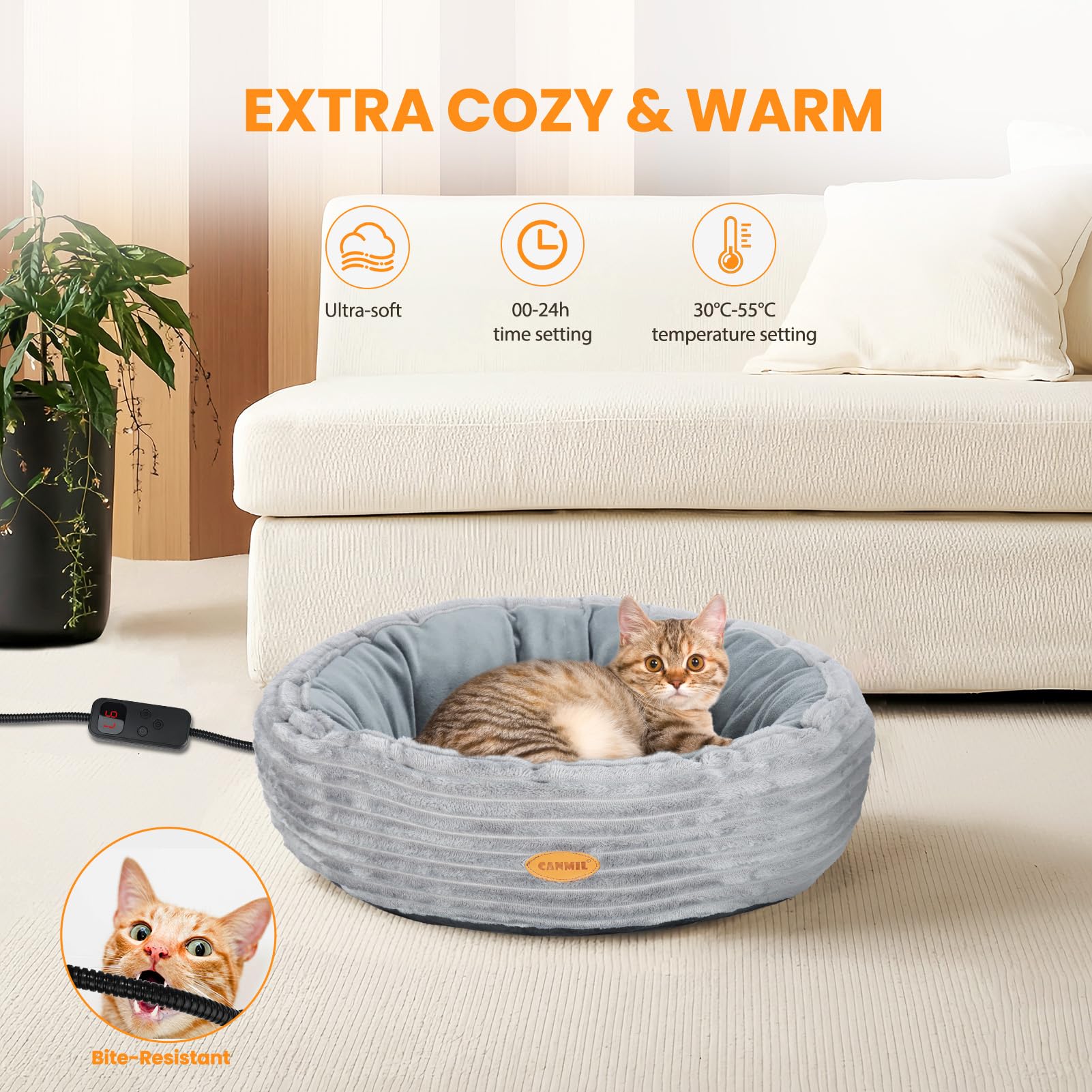 CANMIL heated cat bed round donut design showing nest-like walls for cozy nesting.