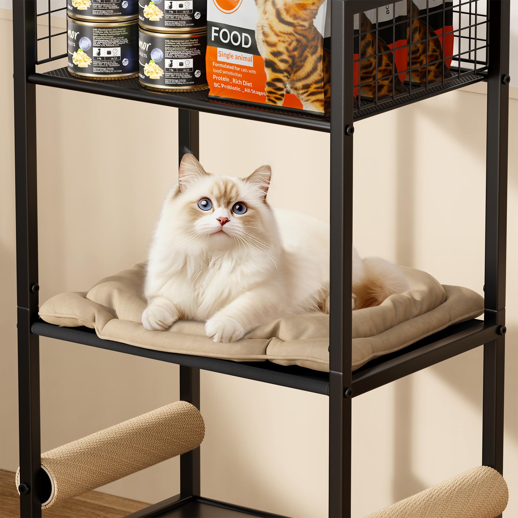 Canyave 4in1 bed platform on middle tier offers cozy resting spot for cats.