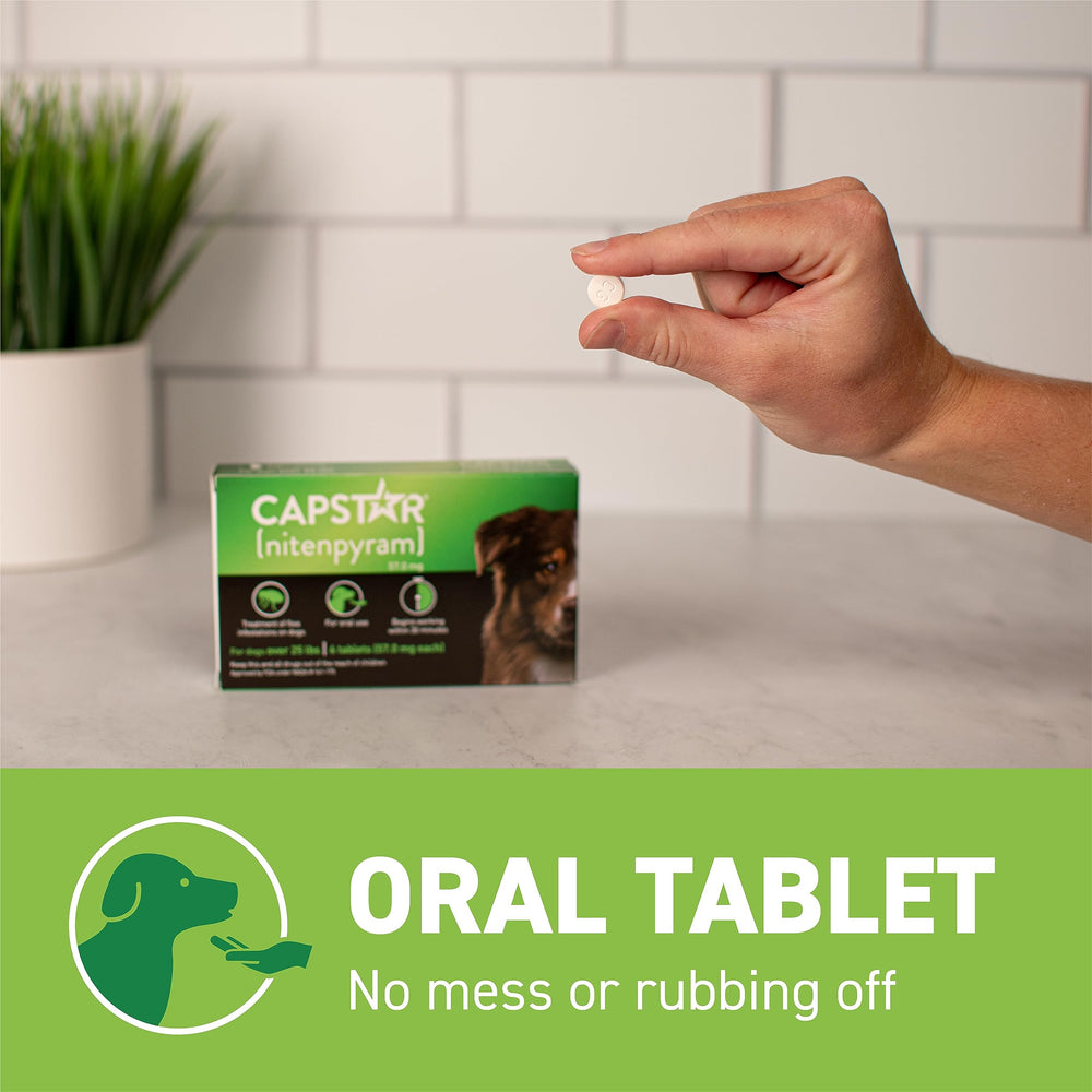 Capstar 57mg tablet pack highlighting precise dosing for 25.1–125 lb dogs.