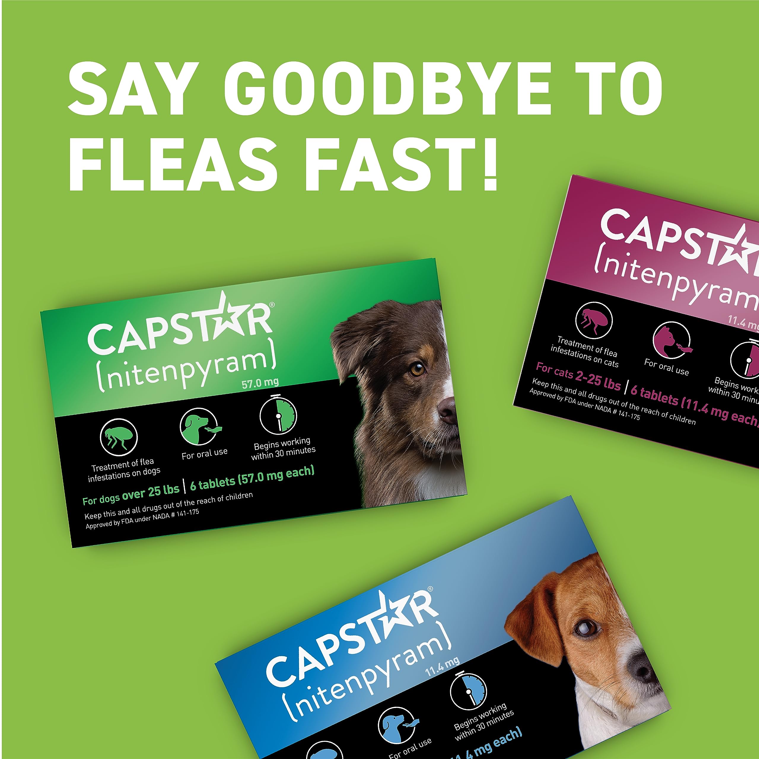 Capstar weight-range label helps choose correct dose for 25.1–125 pounds.