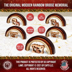 Capti Rainbow Bridge dog memorial on mantle celebrating lasting memories.